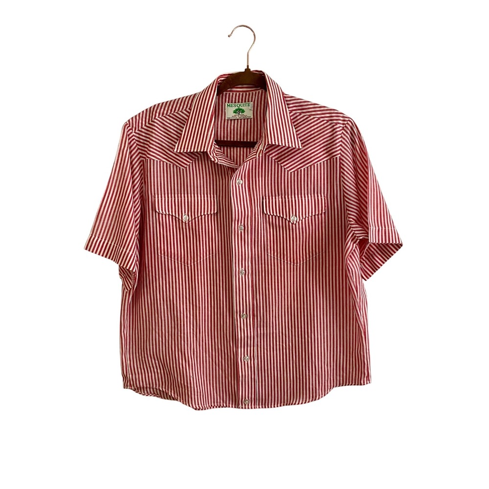 VTG Mesquite Men 16 Short Sleeve Western  Shirt Red White Striped USA